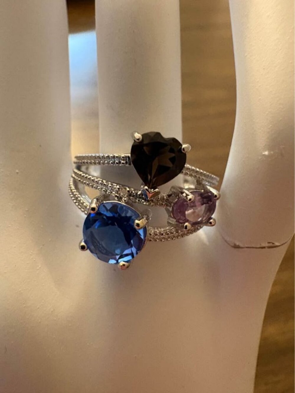 Multi-Band Sterling Silver Ring with Blue, Purple, and Heart-Shaped Natural Gem